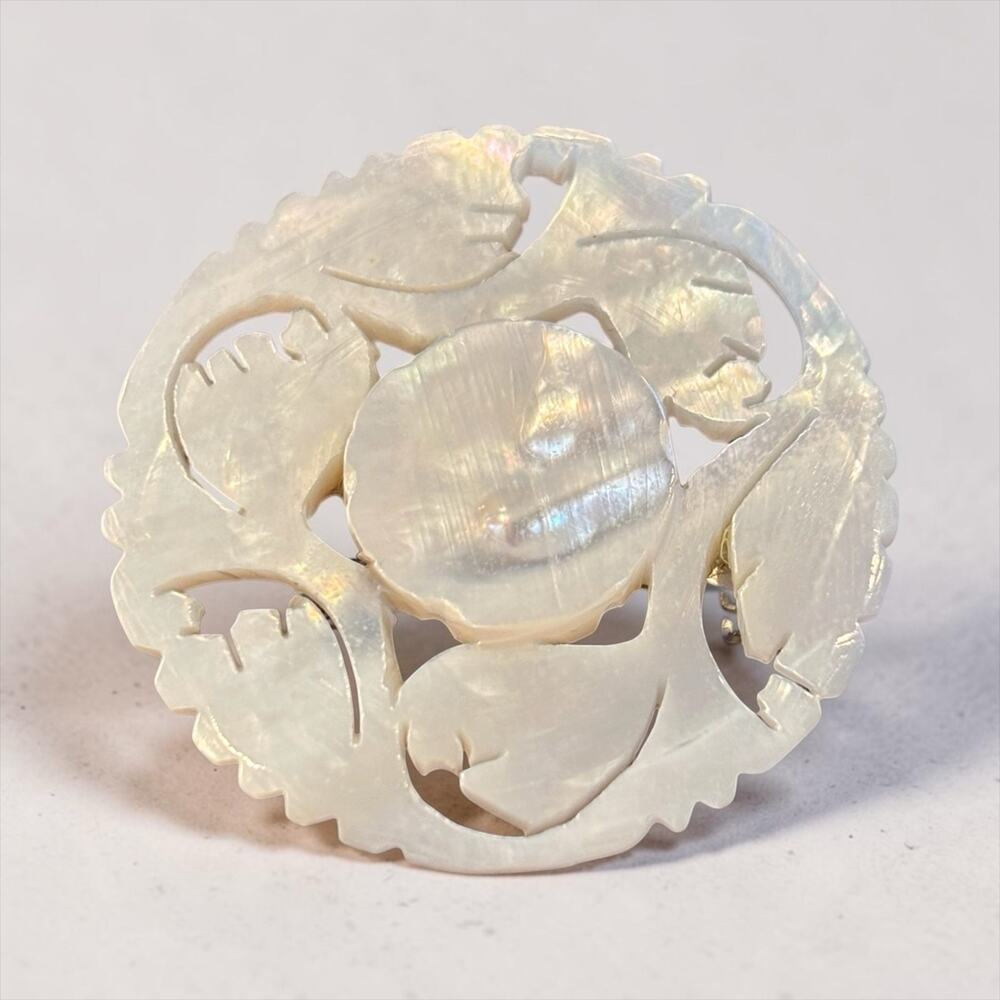 Iridescent Mother of Pearl Rose Brooch Bethlehem 1930s Carved Shell Pin